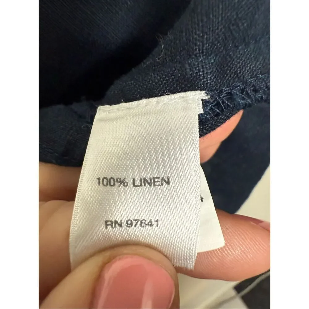 Pure Jill Blue 100% Linen Blouse Medium 3/4 Sleeve Modest Relaxed Fit Front Patc - Picture 3 of 4